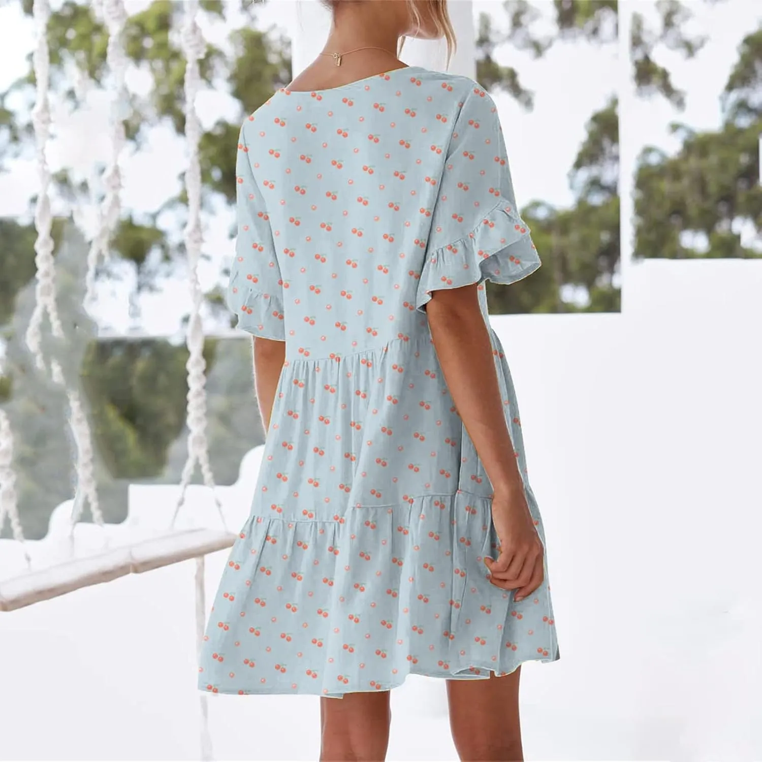 LFEOOST Summer Dresses for Women Loose Casual Ruffles Short Sleeve V Neck Floral Print Smocked Mini Dress with Pocket