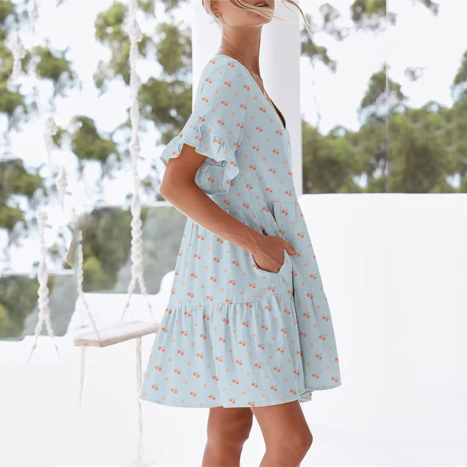 LFEOOST Summer Dresses for Women Loose Casual Ruffles Short Sleeve V Neck Floral Print Smocked Mini Dress with Pocket