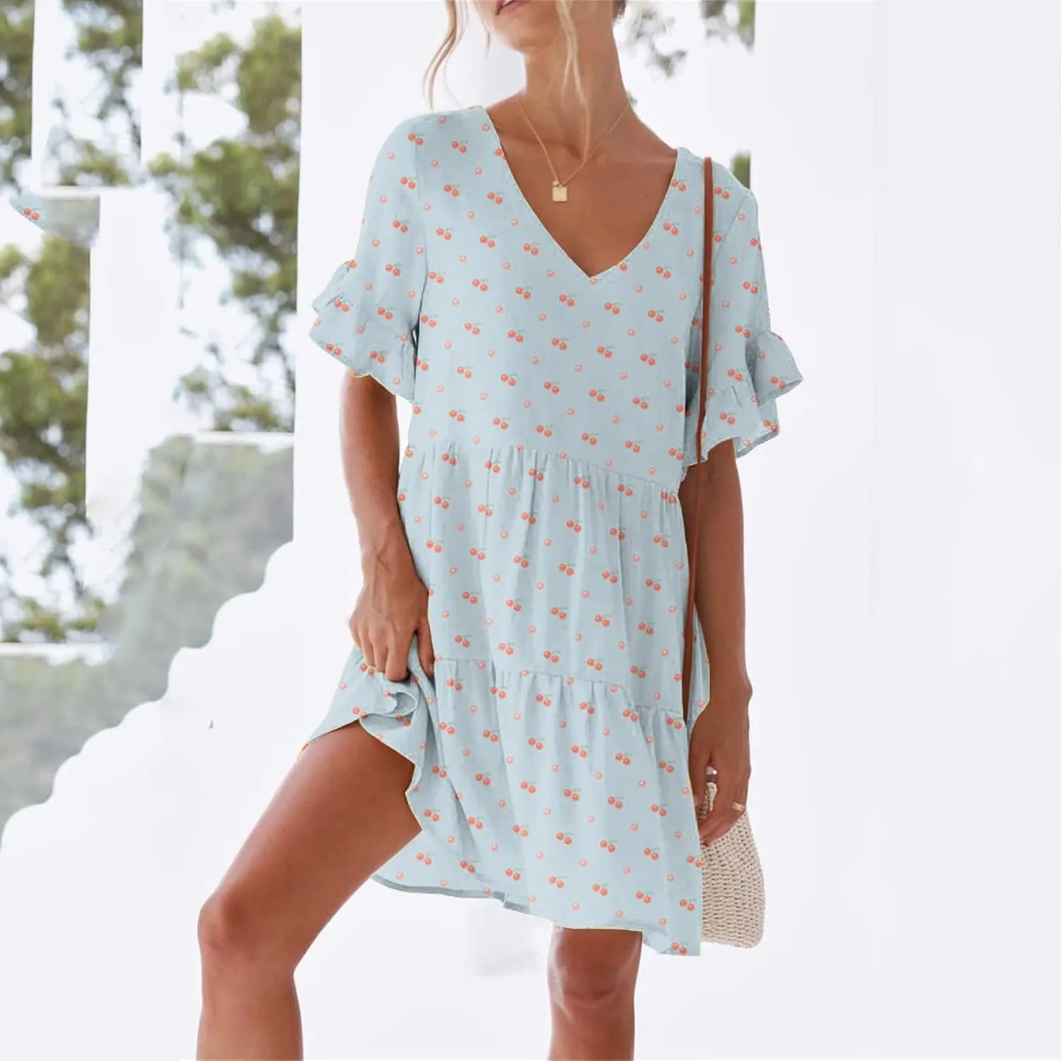 LFEOOST Summer Dresses for Women Loose Casual Ruffles Short Sleeve V Neck Floral Print Smocked Mini Dress with Pocket
