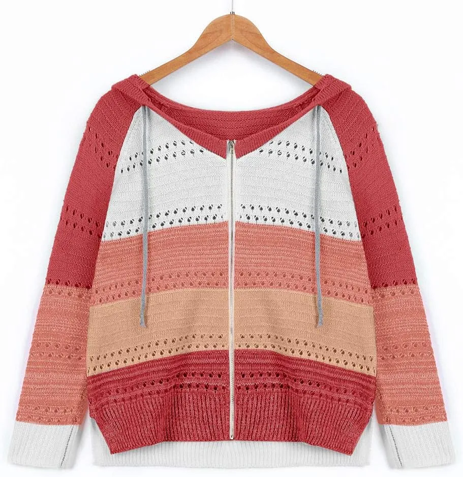 LFEOOST Women Long Sleeve Zip Up Hoodies Color Block Striped Casual V Neck Knit Pullover Sweater Loose Lightweight Sweatshirt