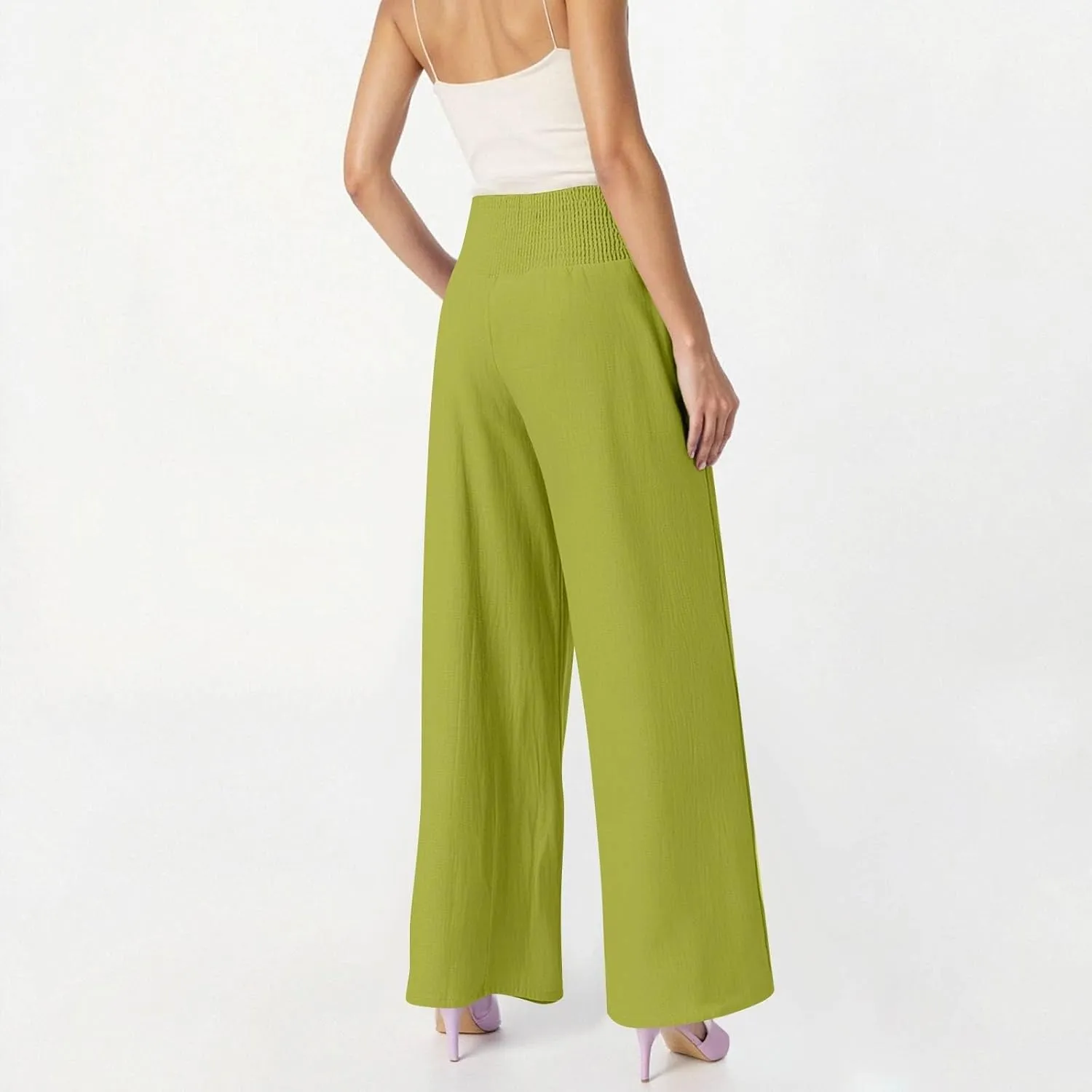 Linen Beach Pants Women Summer High Waist Palazzo Pants Smocked Wide Leg Pant Flowy Trousers with Pockets