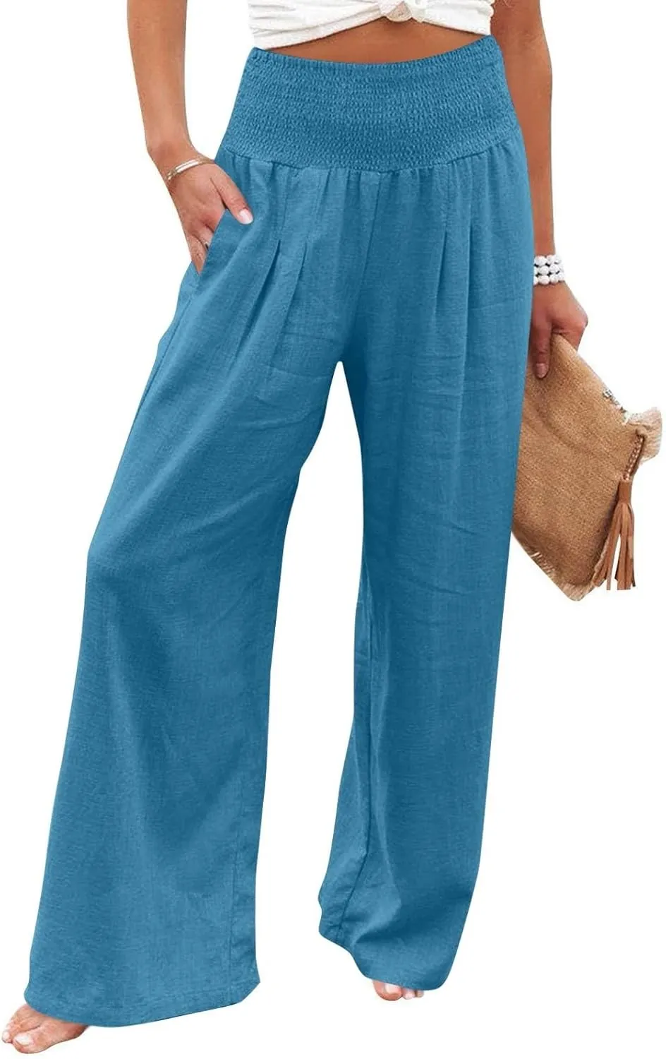 Linen Beach Pants Women Summer High Waist Palazzo Pants Smocked Wide Leg Pant Flowy Trousers with Pockets