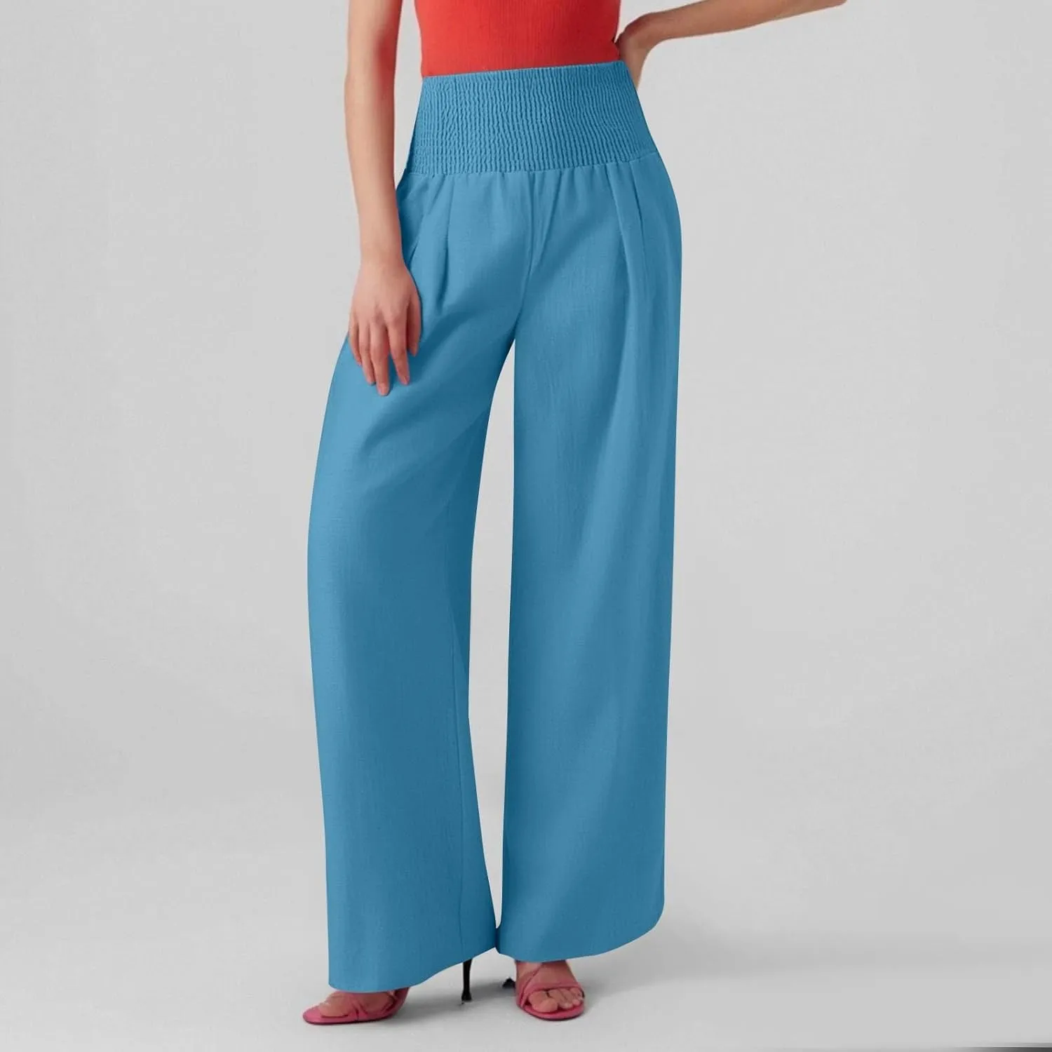 Linen Beach Pants Women Summer High Waist Palazzo Pants Smocked Wide Leg Pant Flowy Trousers with Pockets