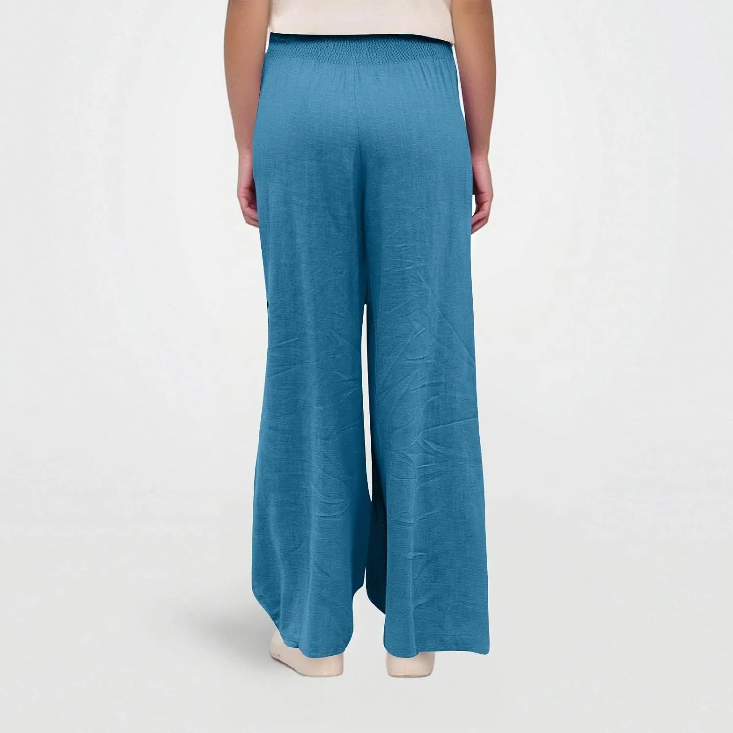 Linen Beach Pants Women Summer High Waist Palazzo Pants Smocked Wide Leg Pant Flowy Trousers with Pockets