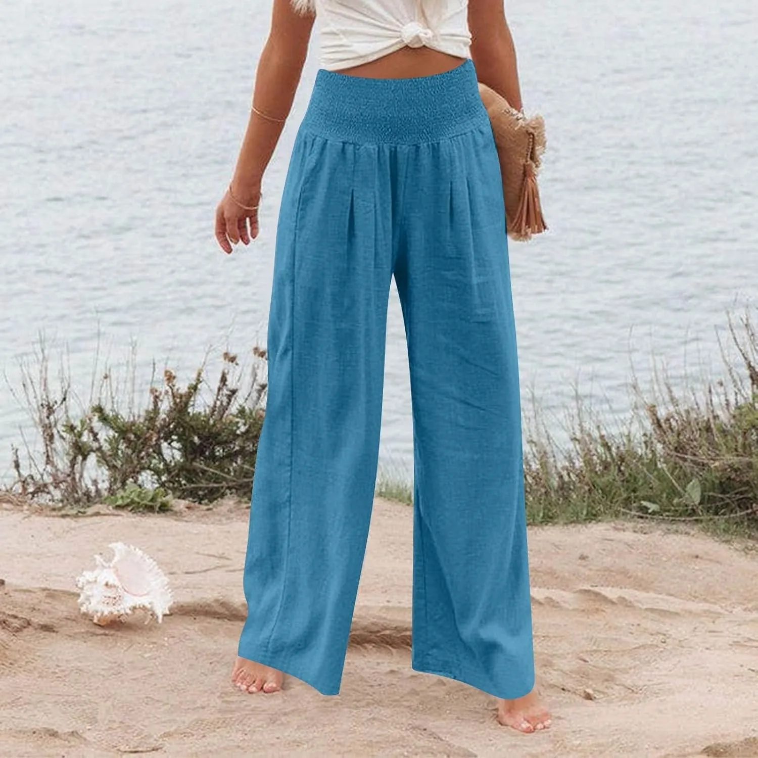 Linen Beach Pants Women Summer High Waist Palazzo Pants Smocked Wide Leg Pant Flowy Trousers with Pockets