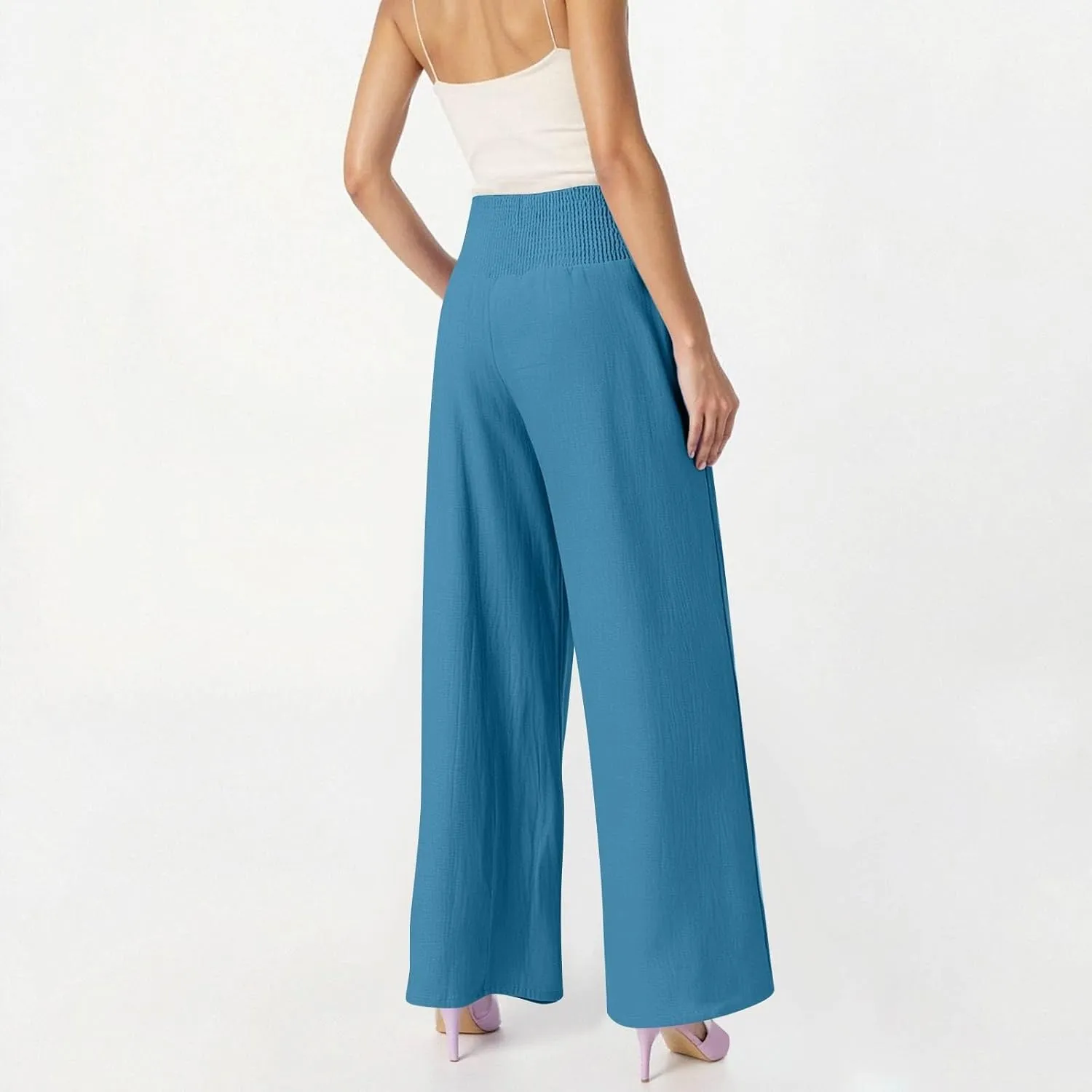 Linen Beach Pants Women Summer High Waist Palazzo Pants Smocked Wide Leg Pant Flowy Trousers with Pockets