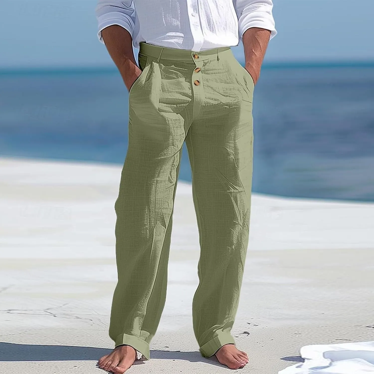 Linen Casual Dress Pants for Men High Waist Button Fly Straight Leg Trendy Formal Work Trousers Loose Beach Travel Pants