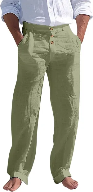 Linen Casual Dress Pants for Men High Waist Button Fly Straight Leg Trendy Formal Work Trousers Loose Beach Travel Pants