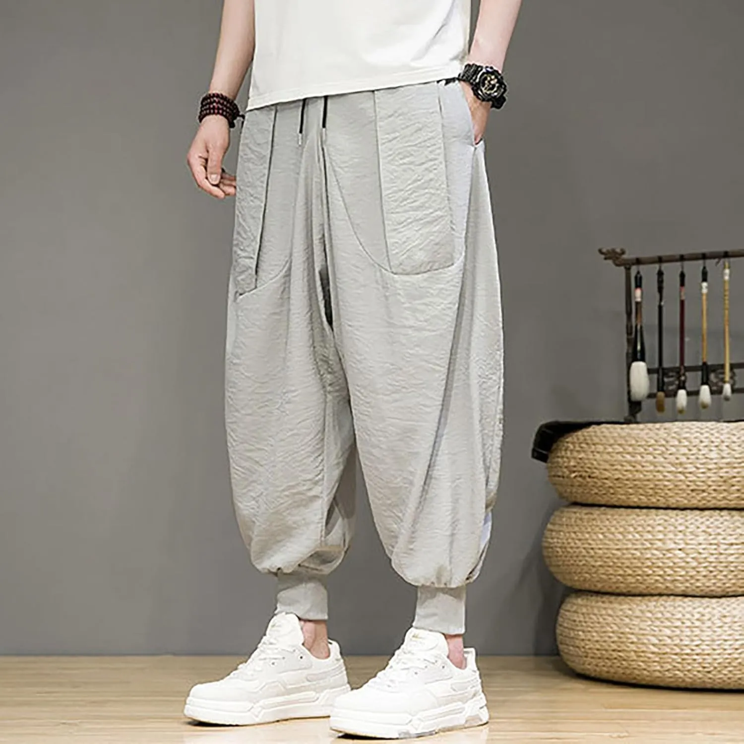 Linen Cotton Wide Leg Harem Pants for Men Retro Hip Hop Pockets Trousers with Drawstrings Loose Comfy Casual Pajama Pants