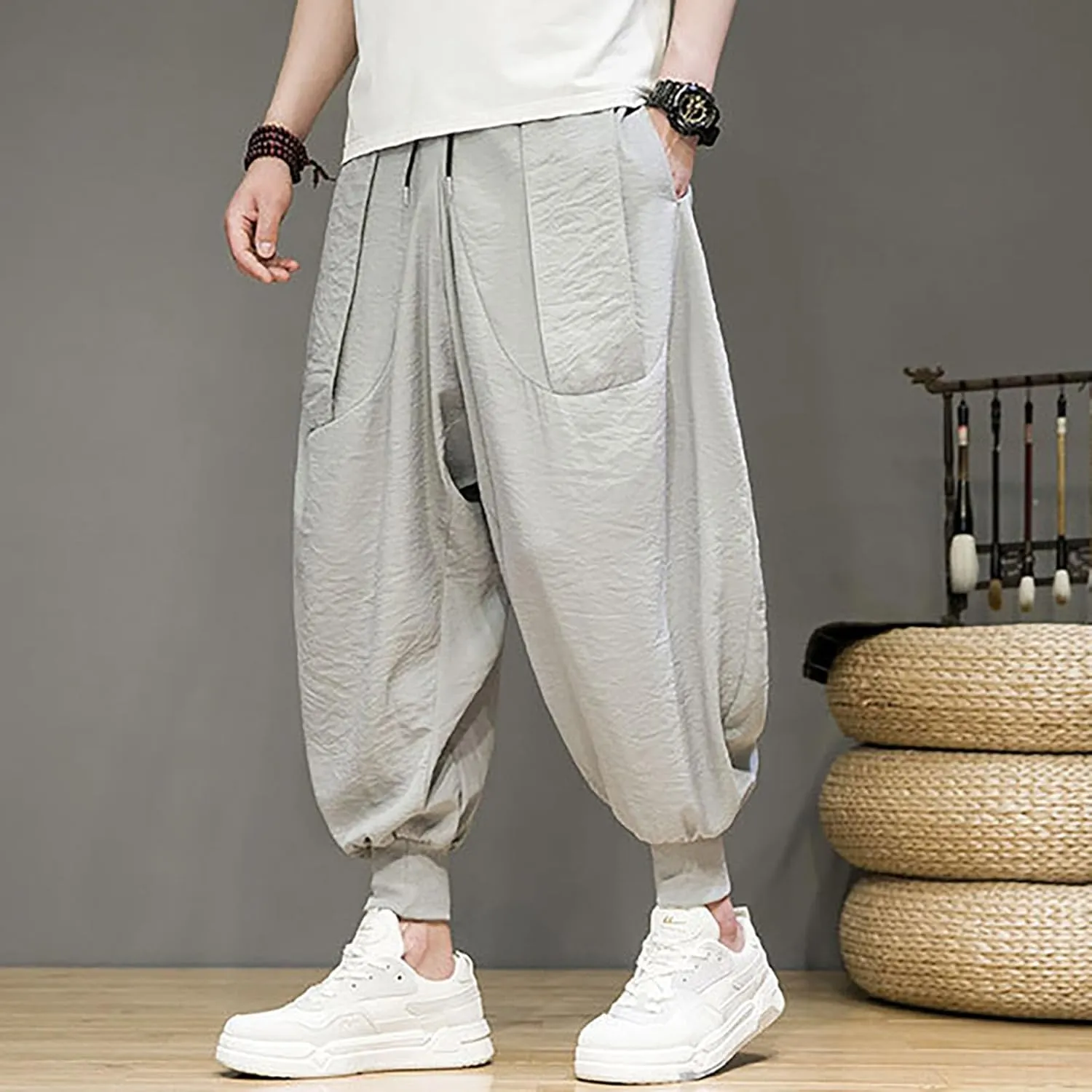Linen Cotton Wide Leg Harem Pants for Men Retro Hip Hop Pockets Trousers with Drawstrings Loose Comfy Casual Pajama Pants