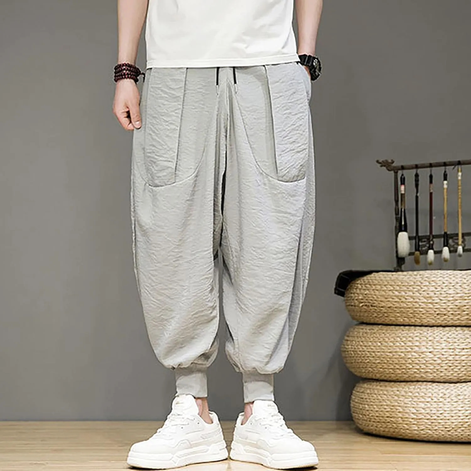 Linen Cotton Wide Leg Harem Pants for Men Retro Hip Hop Pockets Trousers with Drawstrings Loose Comfy Casual Pajama Pants