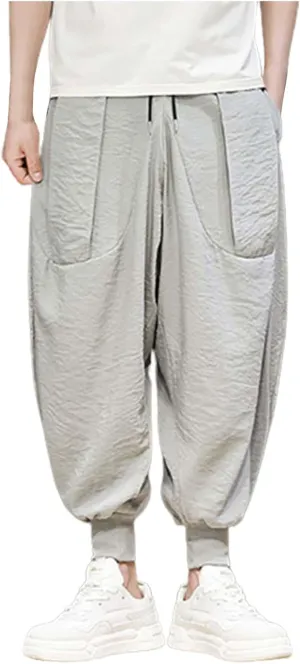 Linen Cotton Wide Leg Harem Pants for Men Retro Hip Hop Pockets Trousers with Drawstrings Loose Comfy Casual Pajama Pants