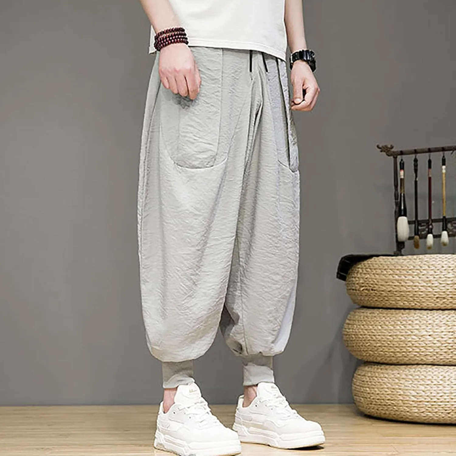 Linen Cotton Wide Leg Harem Pants for Men Retro Hip Hop Pockets Trousers with Drawstrings Loose Comfy Casual Pajama Pants