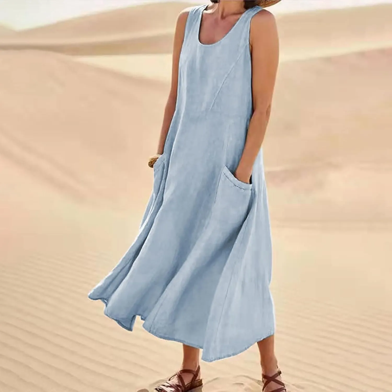 Linen Dresses for Women 2025 Boho Sleeveless Plus Size Maxi Dresses Summer Casual Vacation Beach Dresses with Pockets