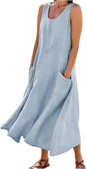 Linen Dresses for Women 2025 Boho Sleeveless Plus Size Maxi Dresses Summer Casual Vacation Beach Dresses with Pockets