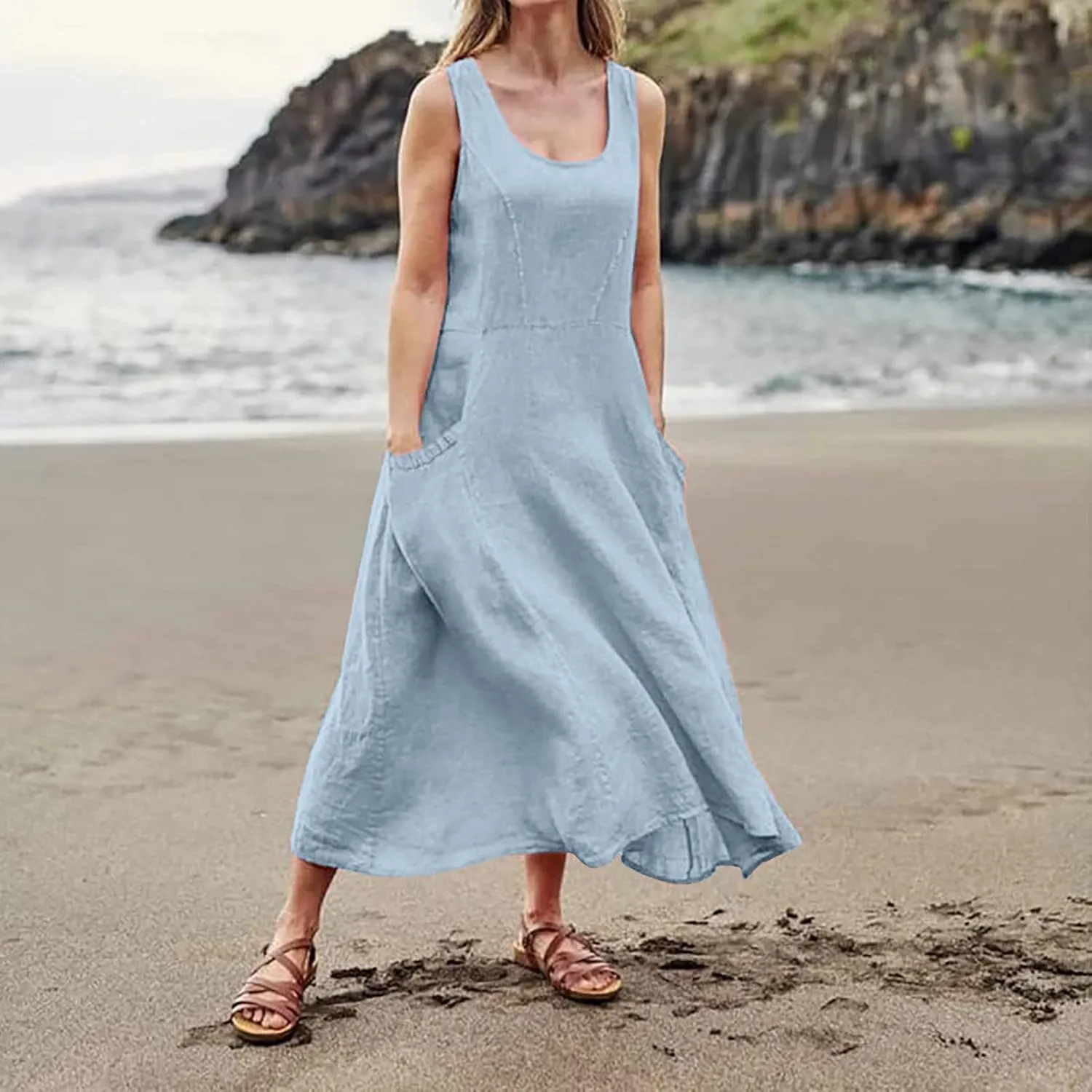 Linen Dresses for Women 2025 Boho Sleeveless Plus Size Maxi Dresses Summer Casual Vacation Beach Dresses with Pockets