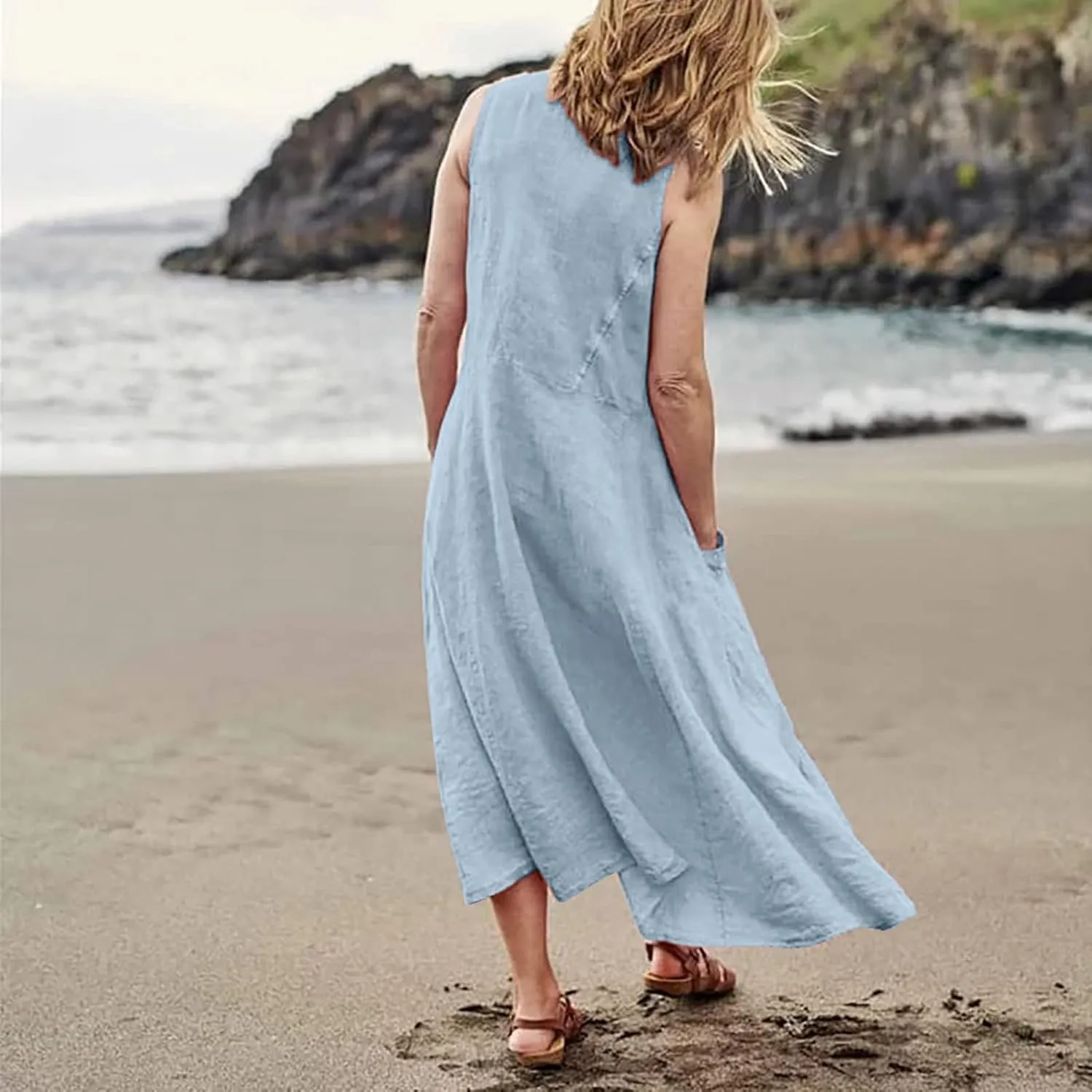 Linen Dresses for Women 2025 Boho Sleeveless Plus Size Maxi Dresses Summer Casual Vacation Beach Dresses with Pockets