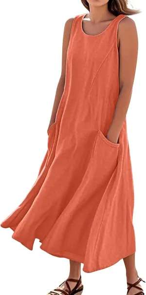 Linen Dresses for Women 2025 Sleeveless Long Flowy Shirt Dresses Boho Beach Vacation Summer Maxi Dress with Pockets