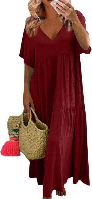 Linen Dresses for Women 2025 Summer Short Sleeve Cotton Sundresses Plus Size Flowy Casual Maxi Sundress Beach Dress