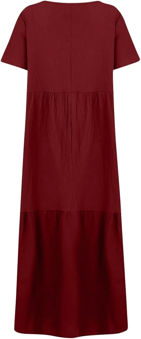 Linen Dresses for Women 2025 Summer Short Sleeve Cotton Sundresses Plus Size Flowy Casual Maxi Sundress Beach Dress