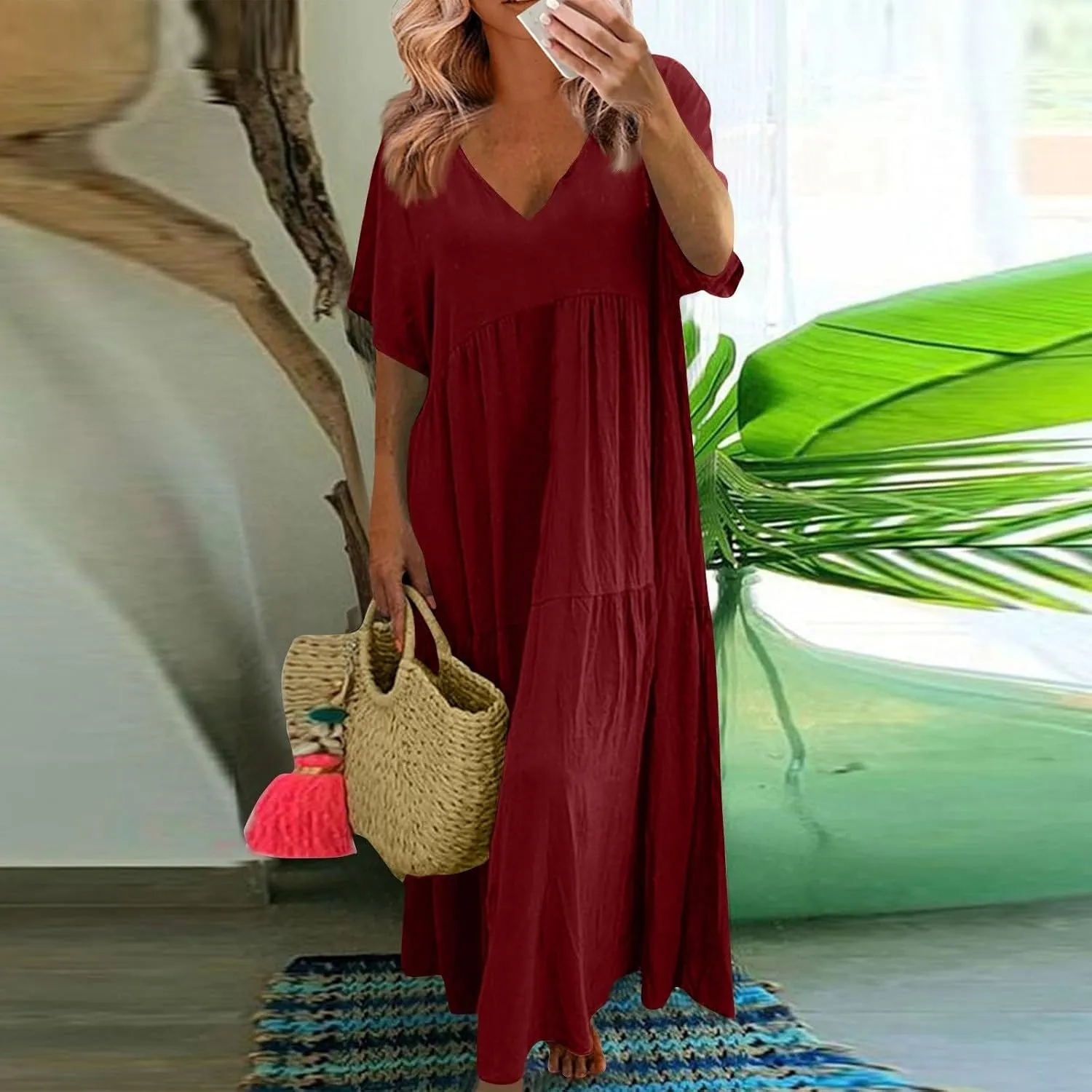 Linen Dresses for Women 2025 Summer Short Sleeve Cotton Sundresses Plus Size Flowy Casual Maxi Sundress Beach Dress