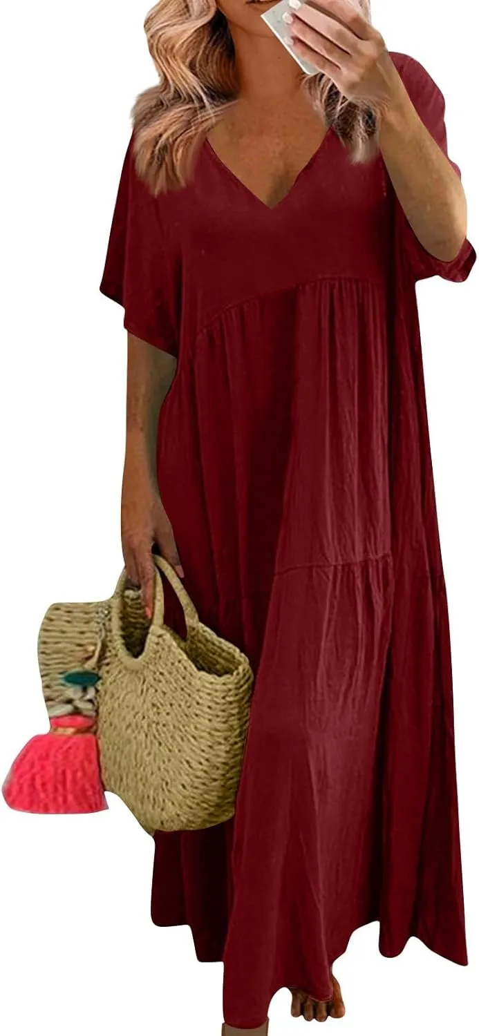 Linen Dresses for Women 2025 Summer Short Sleeve Cotton Sundresses Plus Size Flowy Casual Maxi Sundress Beach Dress