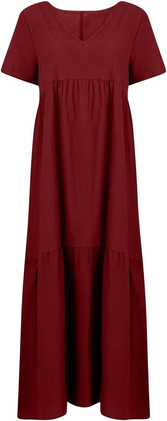 Linen Dresses for Women 2025 Summer Short Sleeve Cotton Sundresses Plus Size Flowy Casual Maxi Sundress Beach Dress
