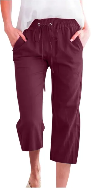 Linen Pants for Women 2025 Summer Capri Pant Trendy Drawstring Elastic Waist Cropped Trouser Comy Cotton Pants