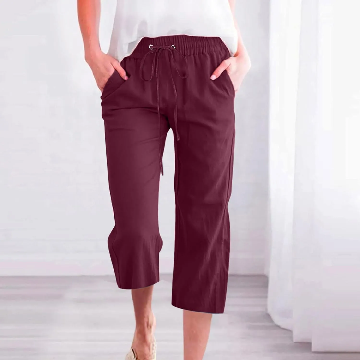 Linen Pants for Women 2025 Summer Capri Pant Trendy Drawstring Elastic Waist Cropped Trouser Comy Cotton Pants