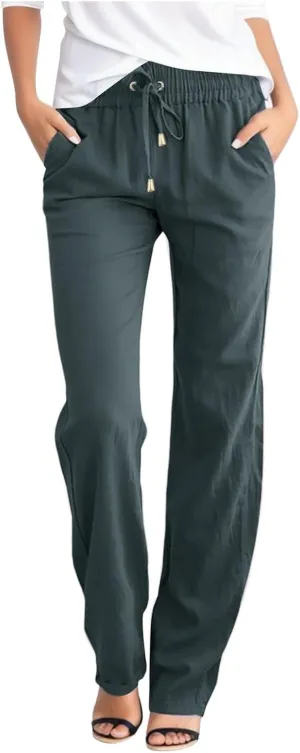 Linen Pants Women Casual Linen High Waist Pants Drawstring Loose Fit Summer Pants Trousers with Side Pockets