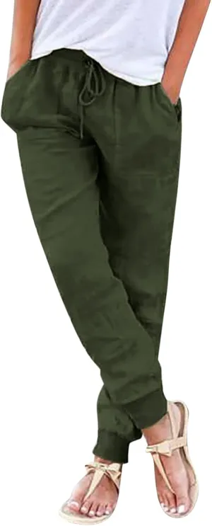 Linen Pants Women Jogger Pants Tapered Leg Summer Casual Drawstring Elastic Waist Lightweight Joggers with Pockets
