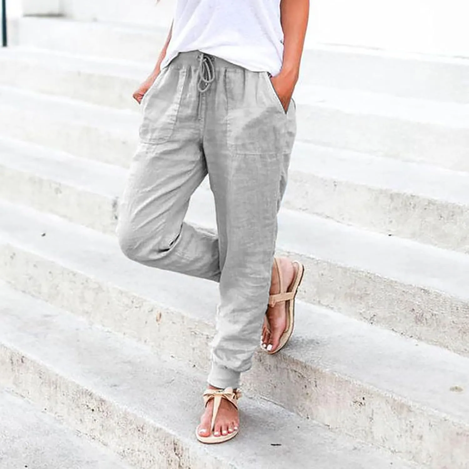 Linen Pants Women Jogger Pants Tapered Leg Summer Casual Drawstring Elastic Waist Lightweight Joggers with Pockets
