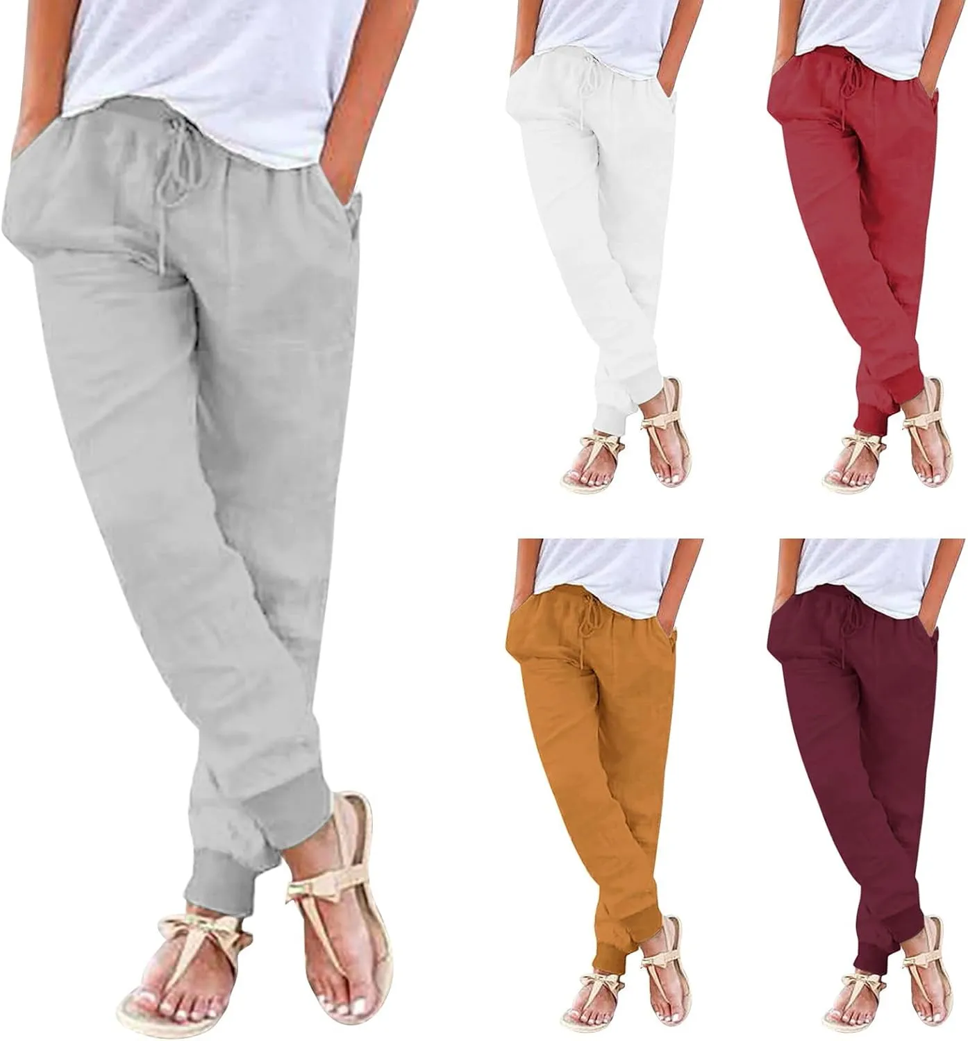Linen Pants Women Jogger Pants Tapered Leg Summer Casual Drawstring Elastic Waist Lightweight Joggers with Pockets