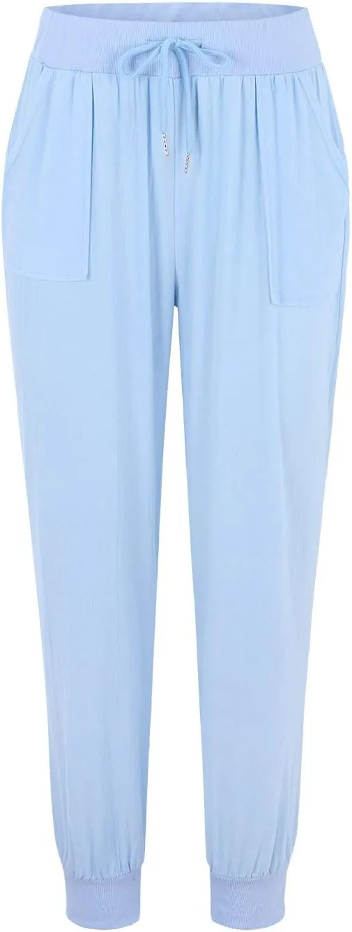 Linen Pants Women Jogger Pants Tapered Leg Summer Casual Drawstring Elastic Waist Lightweight Joggers with Pockets