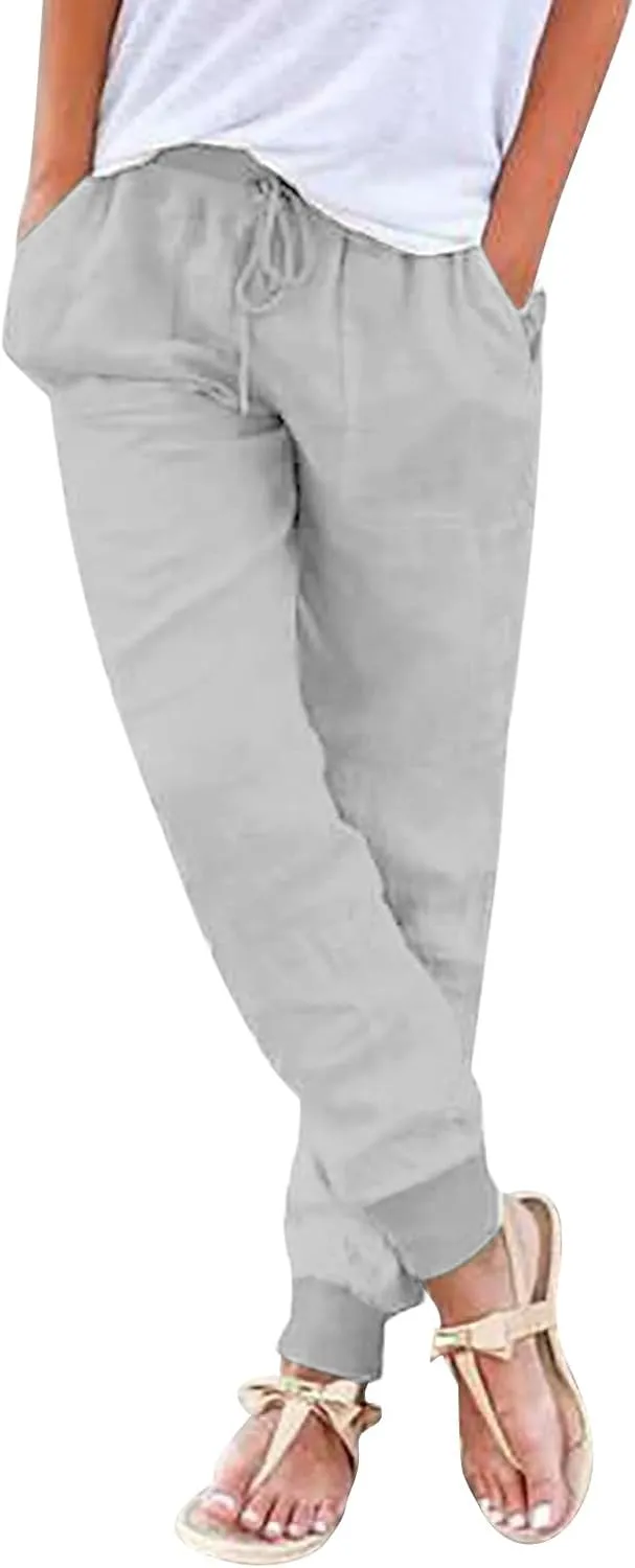 Linen Pants Women Jogger Pants Tapered Leg Summer Casual Drawstring Elastic Waist Lightweight Joggers with Pockets