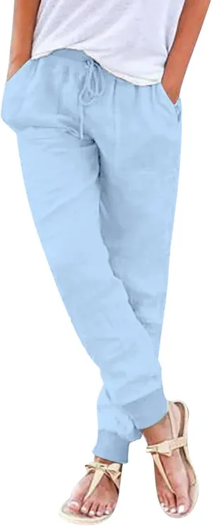 Linen Pants Women Jogger Pants Tapered Leg Summer Casual Drawstring Elastic Waist Lightweight Joggers with Pockets