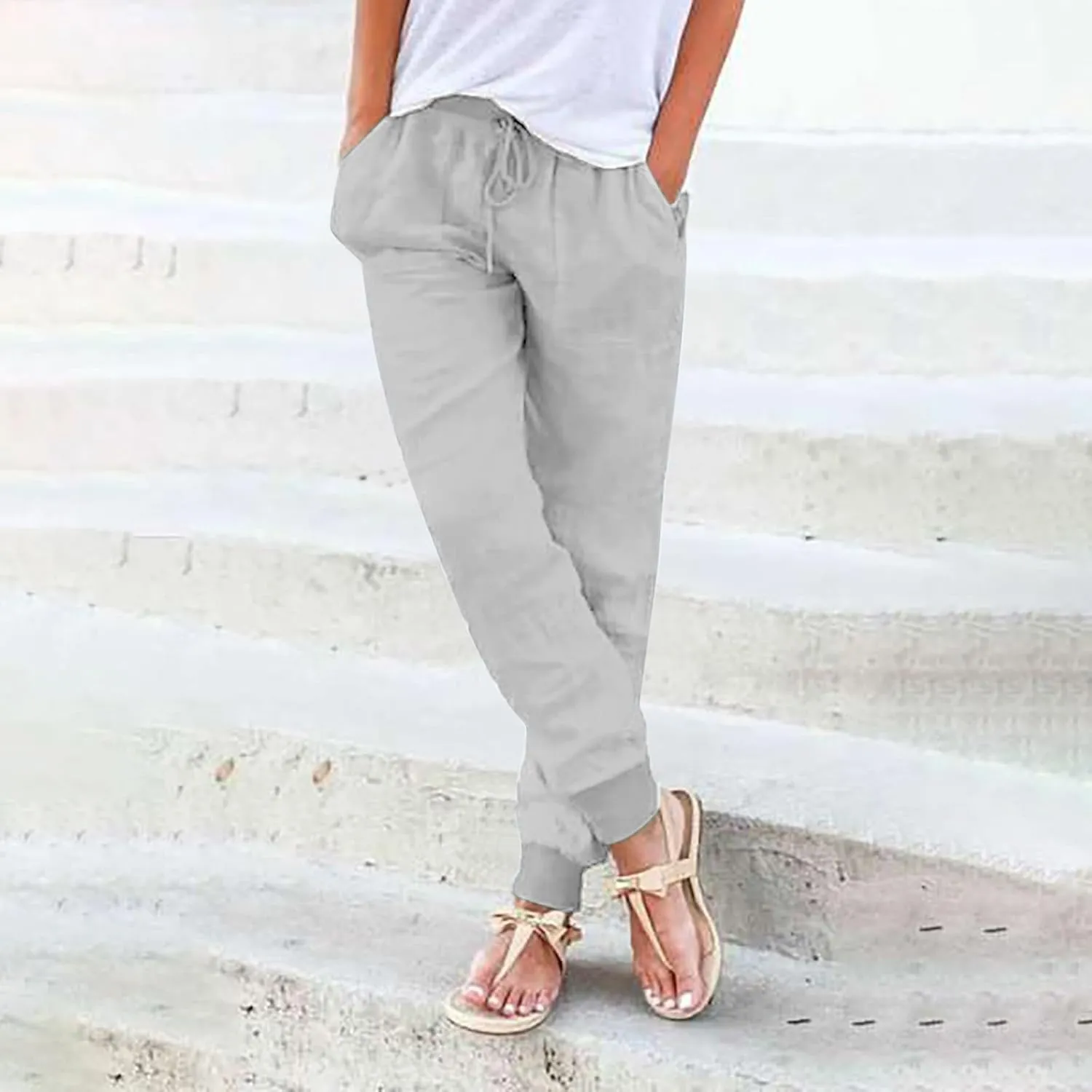 Linen Pants Women Jogger Pants Tapered Leg Summer Casual Drawstring Elastic Waist Lightweight Joggers with Pockets