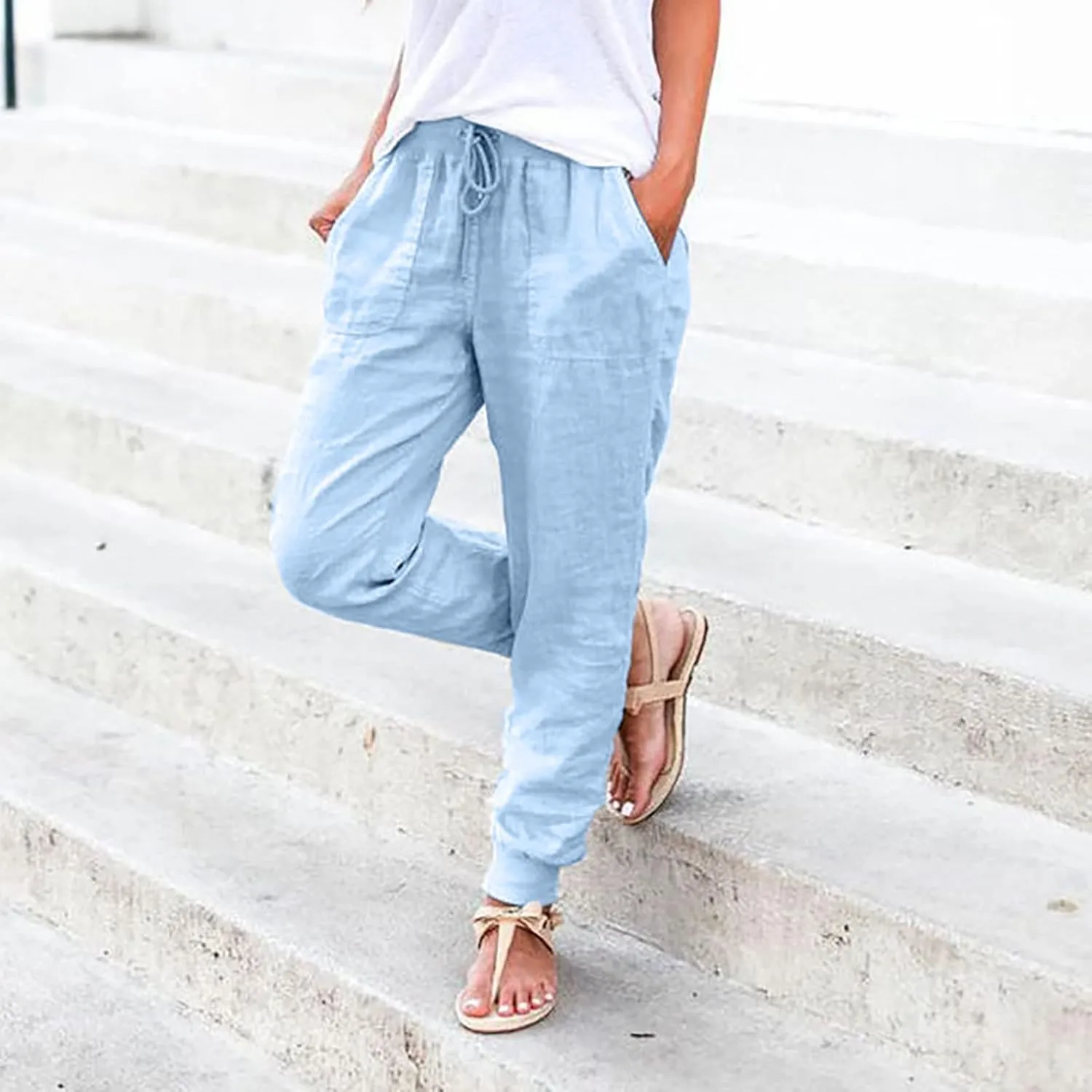 Linen Pants Women Jogger Pants Tapered Leg Summer Casual Drawstring Elastic Waist Lightweight Joggers with Pockets