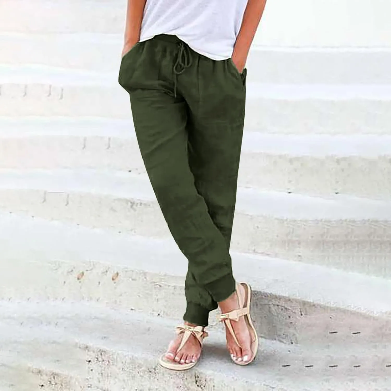 Linen Pants Women Jogger Pants Tapered Leg Summer Casual Drawstring Elastic Waist Lightweight Joggers with Pockets