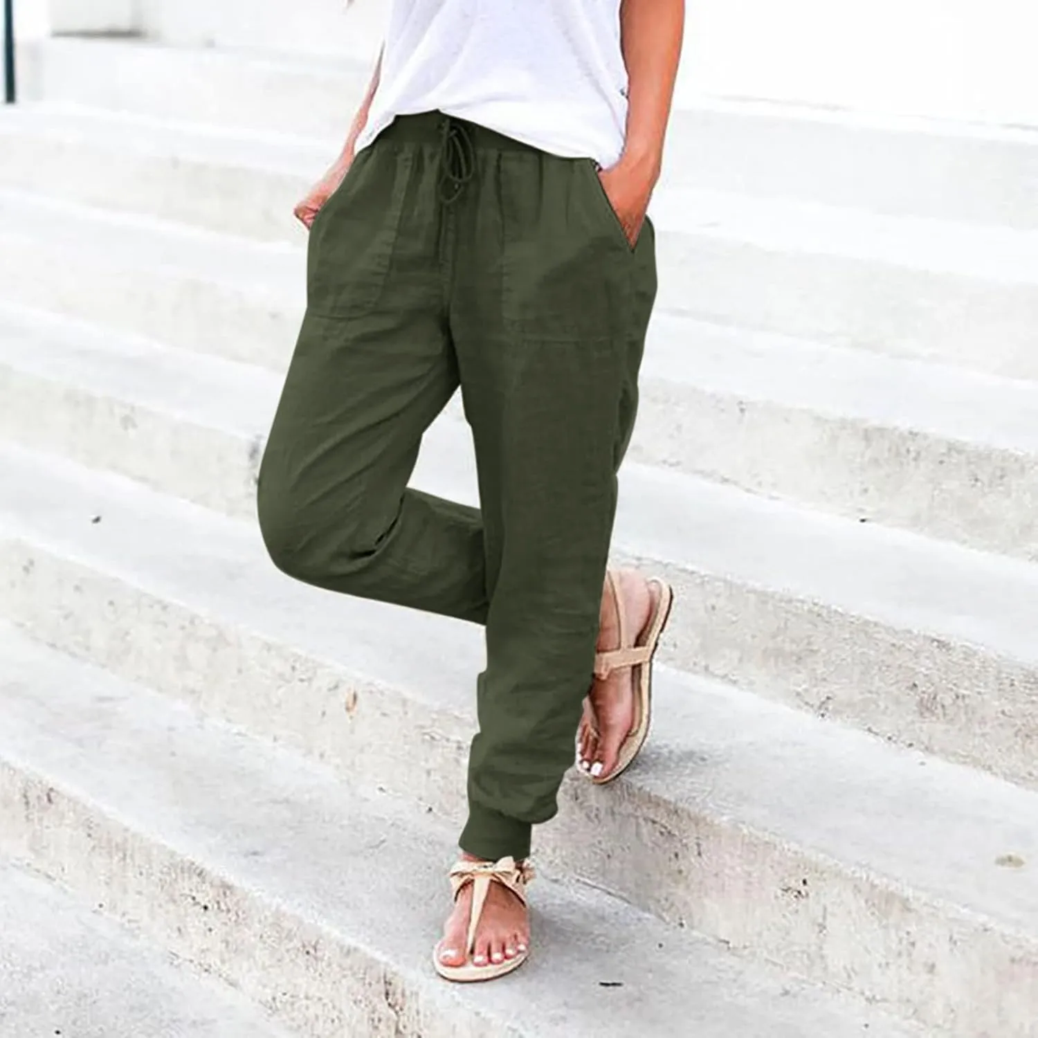 Linen Pants Women Jogger Pants Tapered Leg Summer Casual Drawstring Elastic Waist Lightweight Joggers with Pockets