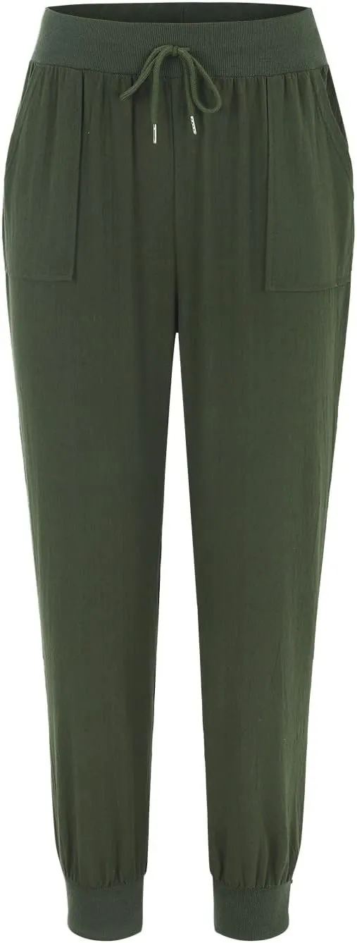 Linen Pants Women Jogger Pants Tapered Leg Summer Casual Drawstring Elastic Waist Lightweight Joggers with Pockets