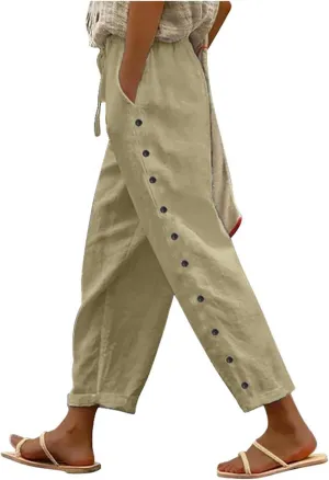 Linen Pants Women Petite Elastic Waisted Trousers Lightweight Summer Pants Dressy Palazzo Pant Beach Vacation Outfit