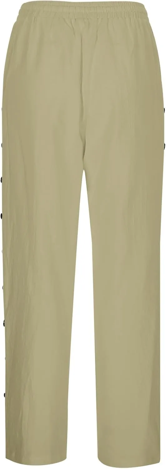 Linen Pants Women Petite Elastic Waisted Trousers Lightweight Summer Pants Dressy Palazzo Pant Beach Vacation Outfit