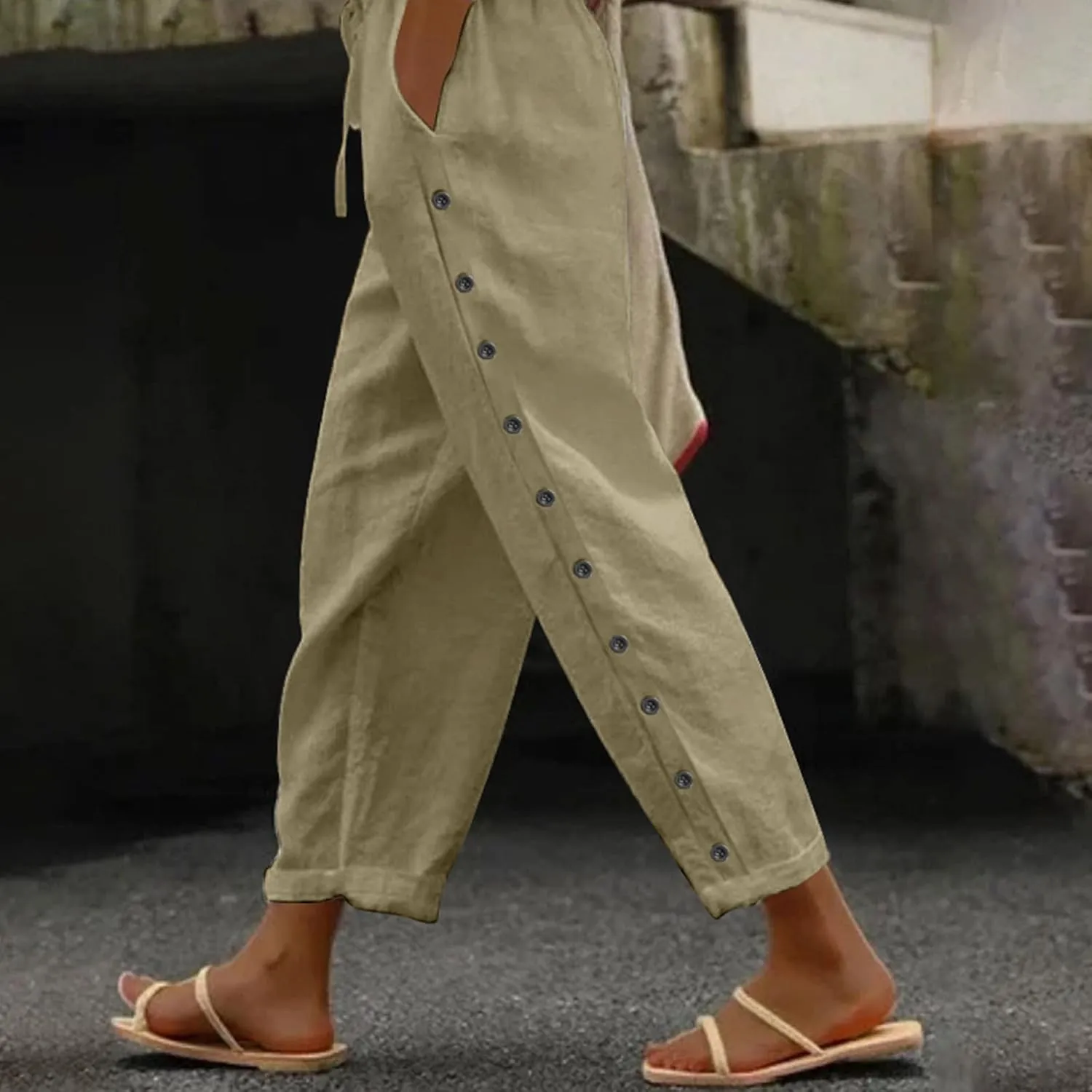 Linen Pants Women Petite Elastic Waisted Trousers Lightweight Summer Pants Dressy Palazzo Pant Beach Vacation Outfit