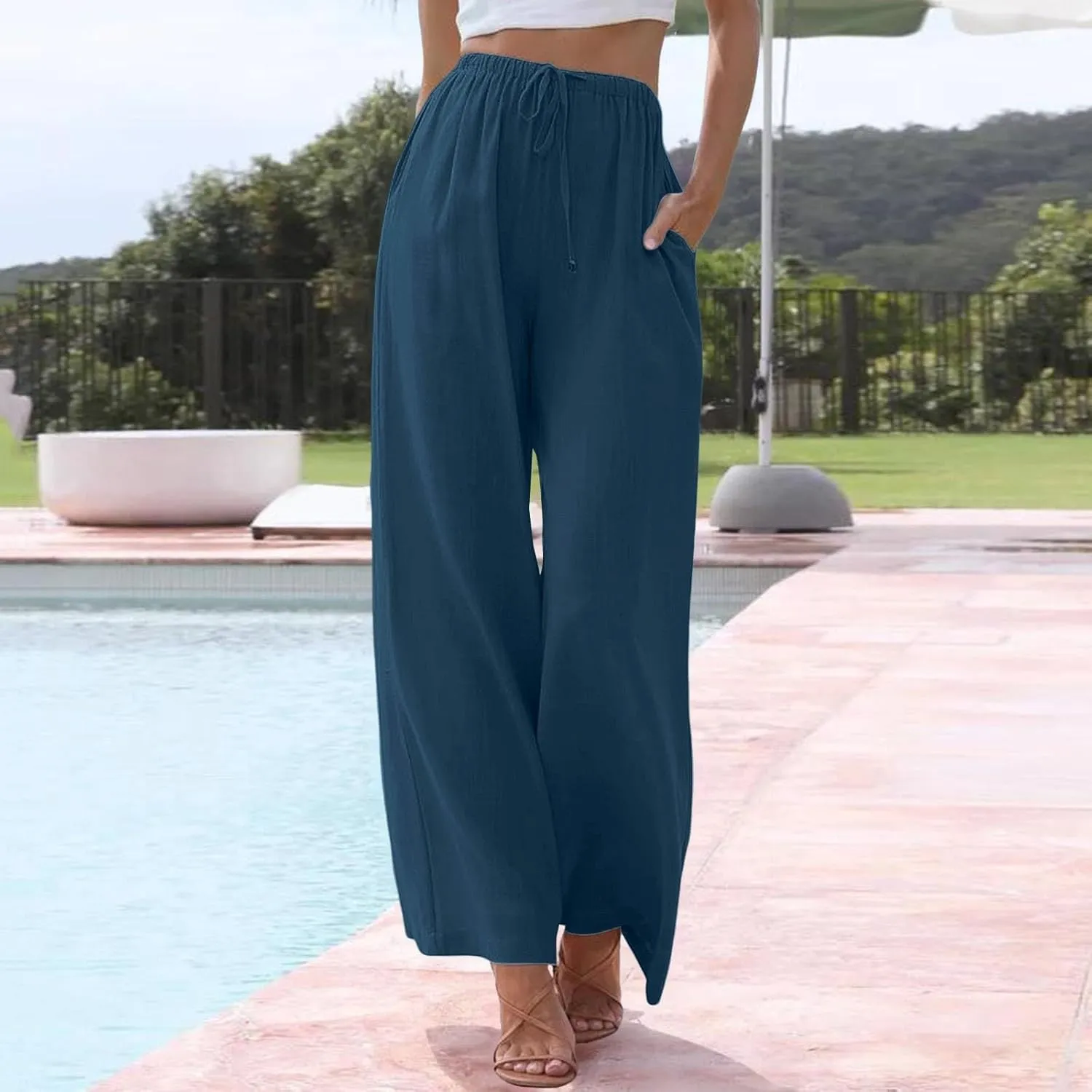 Linen Pants Women Summer Casual Boho Wide Leg Palazzo Pant High Waist Lightweight Flowy Beach Outfits Travel Vacation
