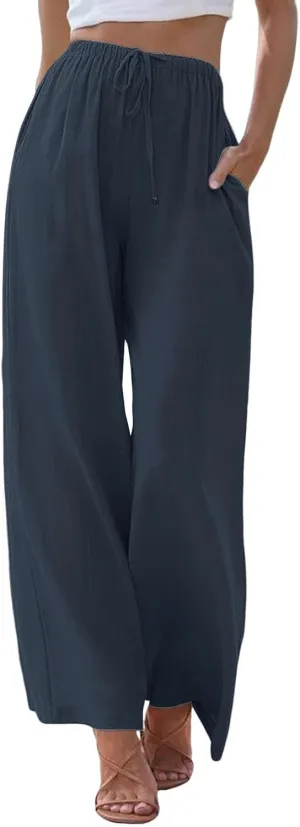 Linen Pants Women Summer Casual Boho Wide Leg Palazzo Pant High Waist Lightweight Flowy Beach Outfits Travel Vacation