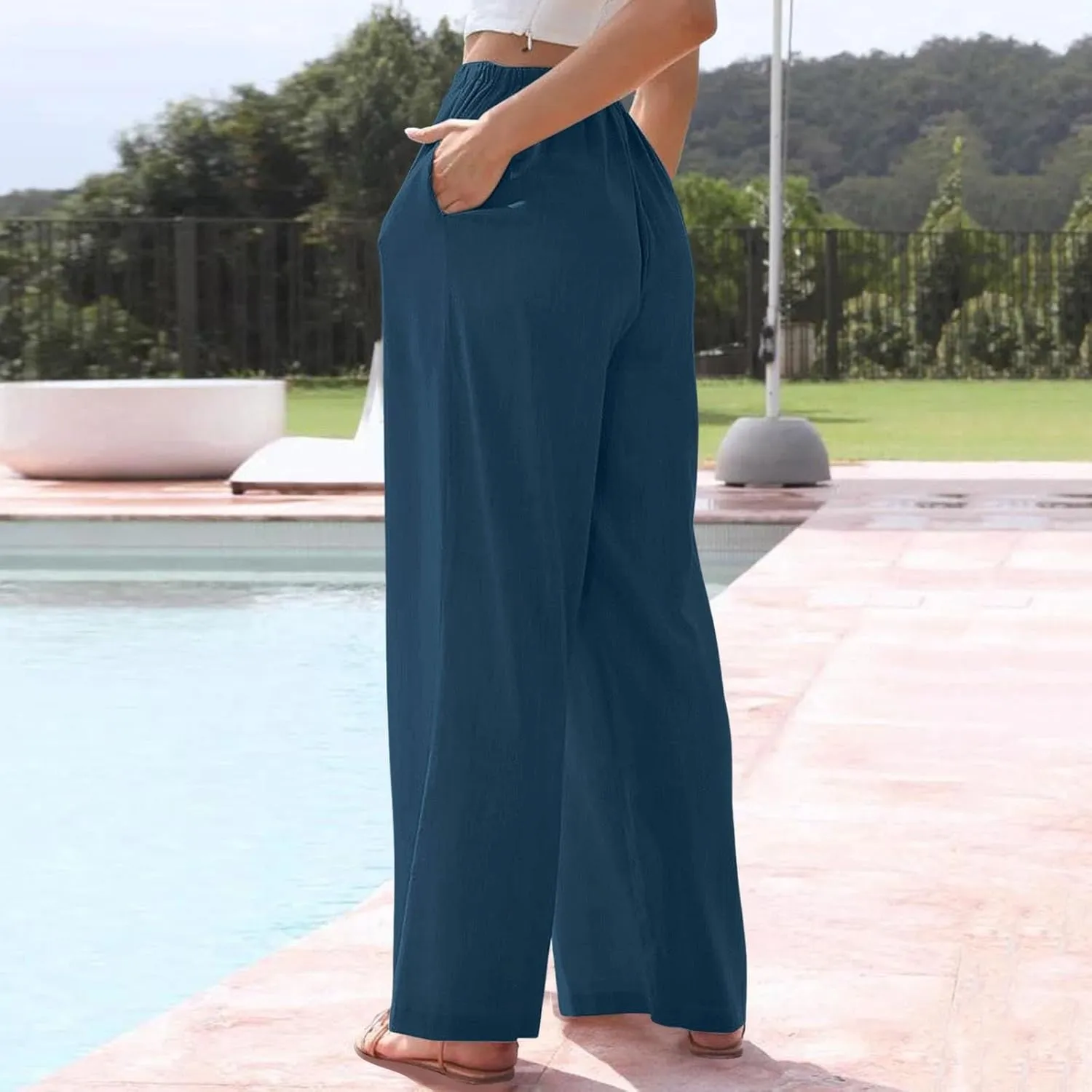 Linen Pants Women Summer Casual Boho Wide Leg Palazzo Pant High Waist Lightweight Flowy Beach Outfits Travel Vacation