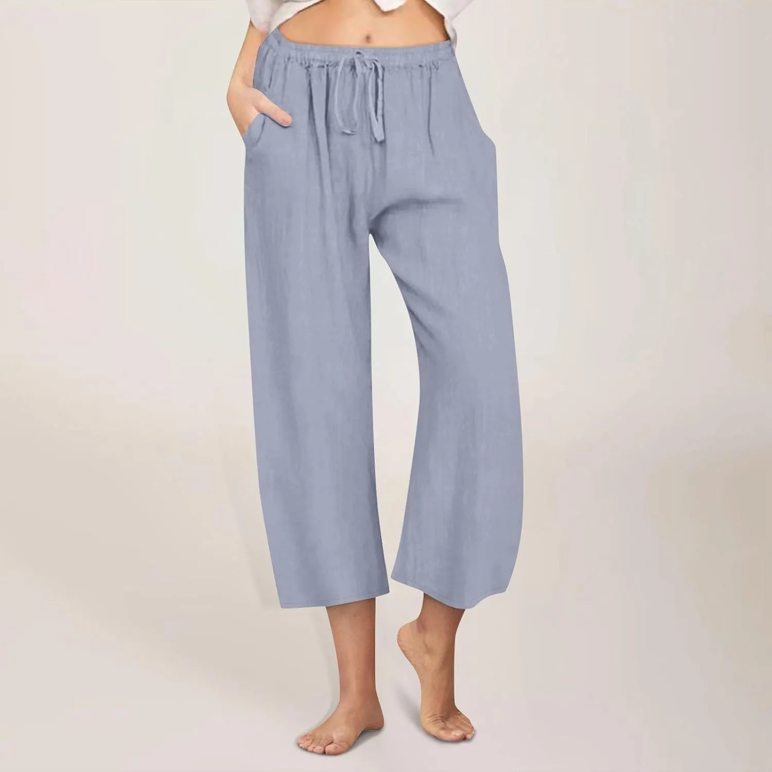 Linen Pants Women Summer Casual Wed Leg Lounge Trousers Drawstring High Waist Cropped Capri Pants Boho Beach Outfits