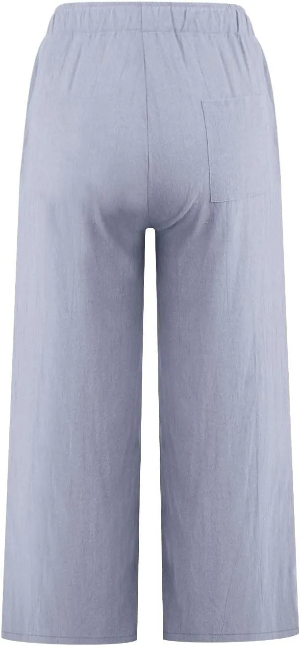 Linen Pants Women Summer Casual Wed Leg Lounge Trousers Drawstring High Waist Cropped Capri Pants Boho Beach Outfits