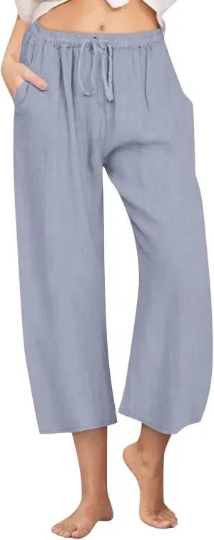 Linen Pants Women Summer Casual Wed Leg Lounge Trousers Drawstring High Waist Cropped Capri Pants Boho Beach Outfits